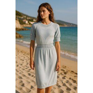 Blumarine Rare Sold-Out Heart-Front Terry Knit Midi Dress Sky Blue IT 38 XS New